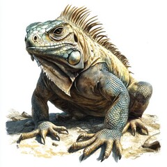 Obraz premium Detailed Portrait of a Green and Brown Iguana Lizard on Tan Ground
