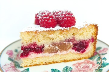 Delicious Raspberry Cake Slice with Powdered Sugar on a Floral Plate