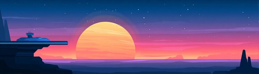 Fototapeta premium A stunning sunset over a futuristic landscape with bold colors and serene atmosphere.