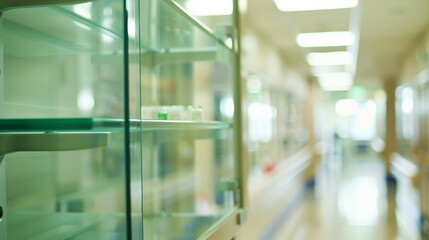 Empty glass medicine cabinet in hospital setting with open doors and shelves, symbolizing healthcare crisis, drug shortages and medical supply issues. Healthcare system challenges and hospital resourc