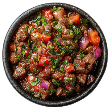 Extreme top view of an extremely perfect looking samak harra in a dark plate isolated on a white transparent background