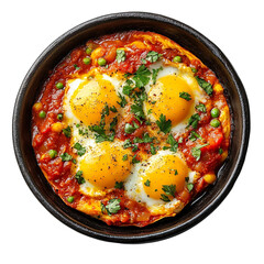 Extreme top view of an extremely perfect looking shakshuka in a dark bowl isolated on a white transparent background