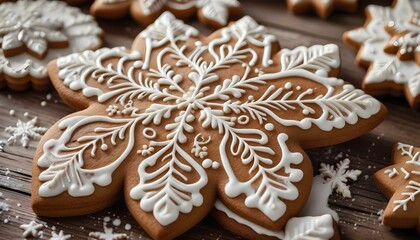Close-up of beautifully decorated gingerbread snowflake cookies with white icing.