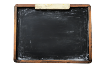 A slightly angled view of a chalkboard with a wooden frame and a chalk eraser on top of it