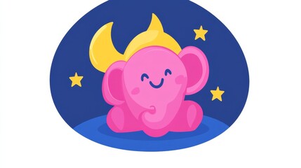 Enchanting nightscape featuring a cute pink elephant with a joyful smile sitting near a crescent moon and shimmering stars in the sky design