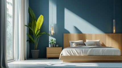 Cozy bedroom with wooden bed, plants, and natural light casting shadows