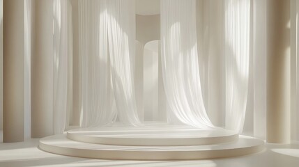 Small indoor stage with white curtains flowing softly, framed in diffused lighting