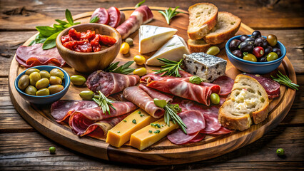 Rustic Charcuterie Board with Assorted Meats Cheeses Olives and Bread on Wooden Surface