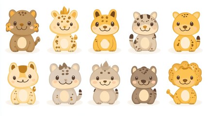 Collection of pixelated adorable cartoon wild cats featuring lions tigers leopards and cheetahs for games animation prints posters stickers