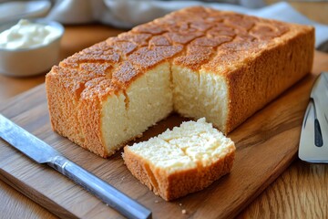 Freshly Baked Sponge Cake on Wooden Board Ready to Serve