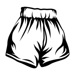 Stylized black and white illustration of casual shorts or sports apparel
