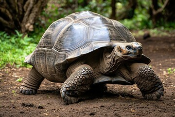 A giant tortoise with an ancient, weathered shell, moving slowly across the ground