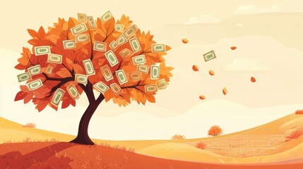Money tree with dollar bills as leaves blowing in autumn wind.