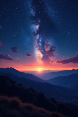 Fototapeta premium Glittering starry sky over a vast landscape at dusk, landscape, celestial bodies, stars