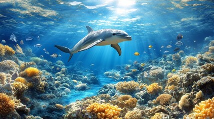 Aquatic realm of playful dolphins gliding seamlessly through crystalline waters surrounded by vibrant coral reefs full with marine life
