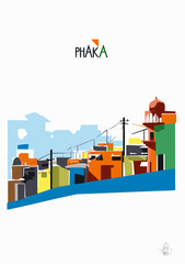 Fototapeta premium PhaKa Hilltop Village: A vibrant stylized illustration of a hilltop village, showcasing colorful buildings, power lines, and a prominent mosque, creating a dynamic and eye-catching scene.