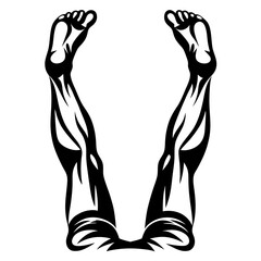 Stylized depiction of muscular human legs and feet in black and white