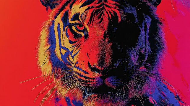 Vibrant chromatic illustration showcasing a close-up of a tiger with expressive brushstrokes and a dynamic palette providing a captivating and unique modern twist