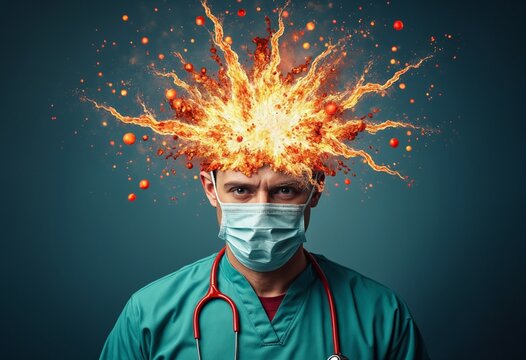 A surgeon with an exploding head and Symbolizing the concept of stress and mental health in a medical environment 
