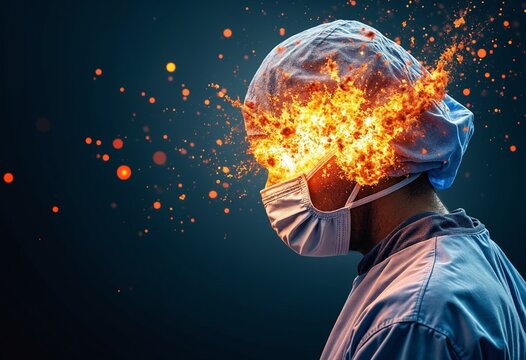A surgeon with an exploding head and Symbolizing the concept of stress and mental health in a medical environment 