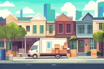 Moving van parked on city street, loaded with boxes, near residential houses.