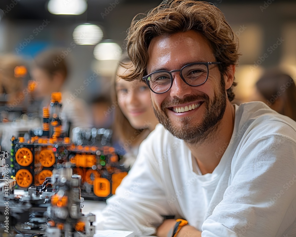 Poster smiling teacher guiding students through a robotics project in a bright classroom