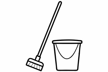 Bucket With Mop Line Art Vector Illustration With White