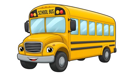 A cheerful cartoon clip art of a bright yellow school bus with big smiling headlights and simple details, ideal for early education materials.
