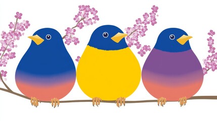 Whimsical avian trio perched amid blooming cherry blossoms, a vibrant spring illustration evoking cheerfulness and playful imagination with colorful birds