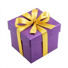 Obraz premium Purple gift box with gold ribbon, present isolated on white background
