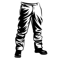Black and white illustration of trousers and boots with dramatic stylization