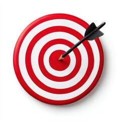 Arrow hitting center of red and white target isolated on white background