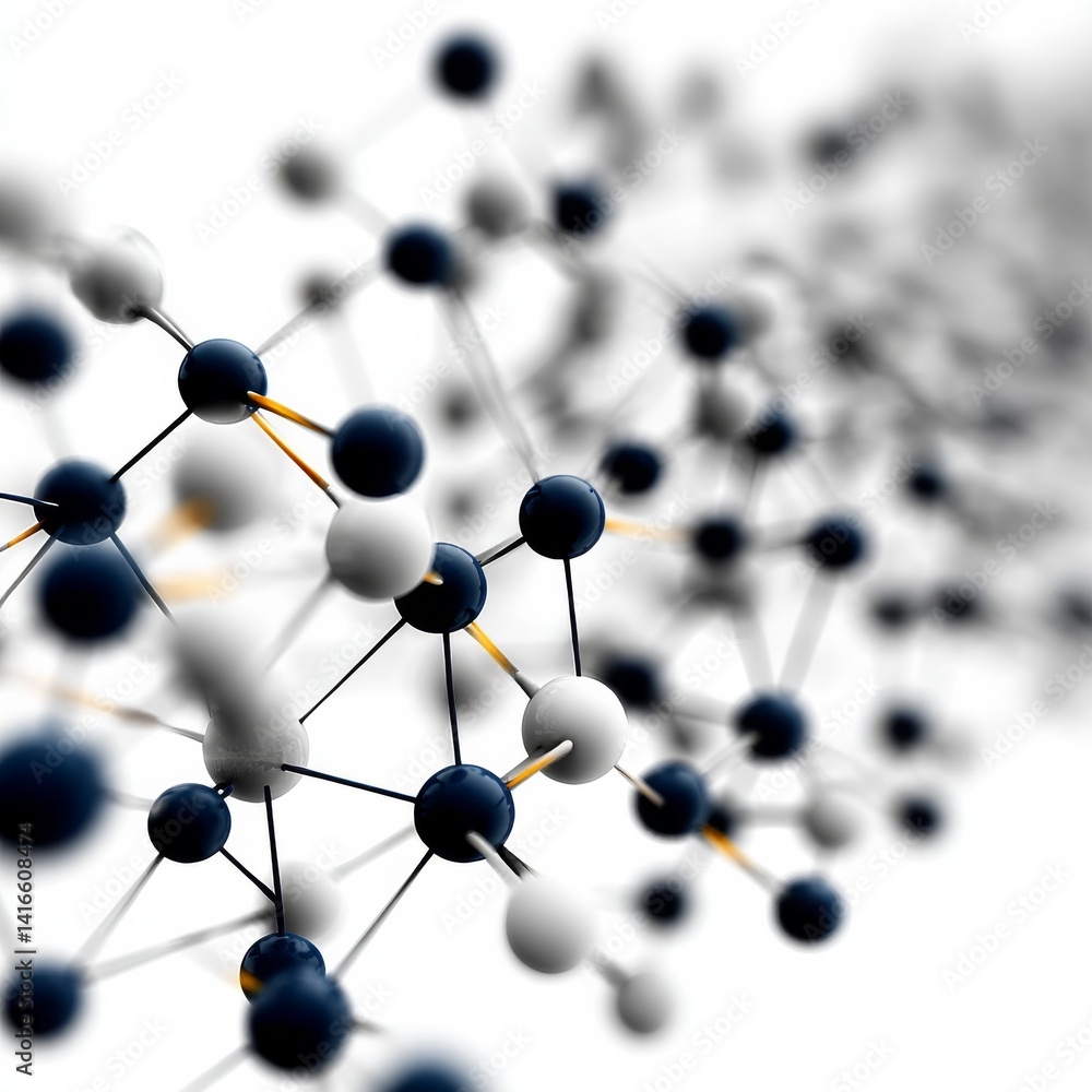 Poster abstract molecular structure: black and white spheres connected by lines against a white background