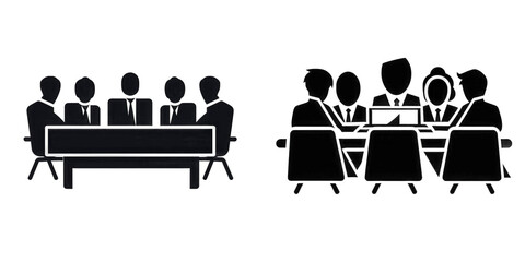 A diverse group of professionals engaged in a collaborative meeting around a large conference table, discussing ideas with charts in the background isolated on white or transparent png