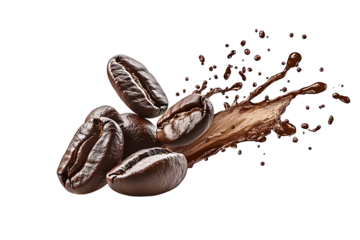 A close up of coffee beans with a splash of liquid on a black colored background studio shot view