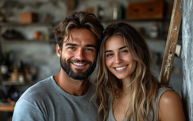 Happy young couple smiling together in a rustic home or apartment with industrial decor
