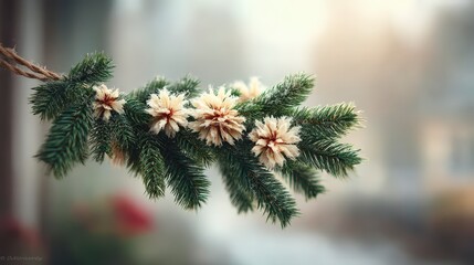 Festive Winter Garland  Frosty Pine Branch with Cream Flowers