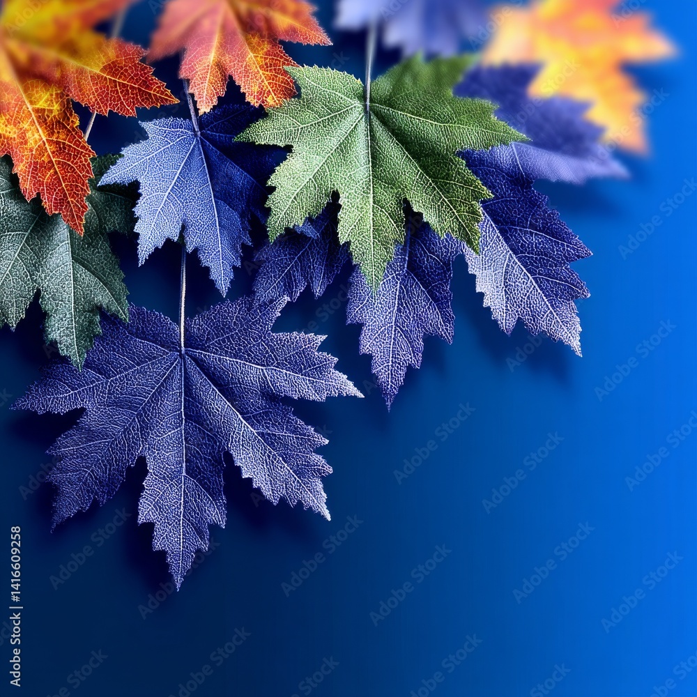 Poster autumnal cascade: vibrant maple leaves on a deep blue canvas, abstract fall foliage design for wallp