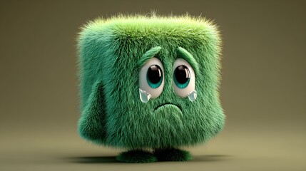 Green cubic furry character with teary eyes and adorable face, 3D render