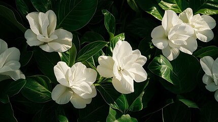 Obraz premium Elegant white flowers bloom amongst lush, dark green leaves. A close-up view showcases the delicate petals and vibrant foliage.