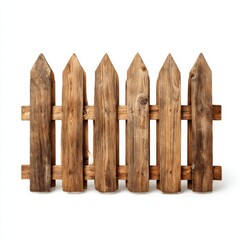 Rustic wooden picket fence section, studio shot, isolated on white background