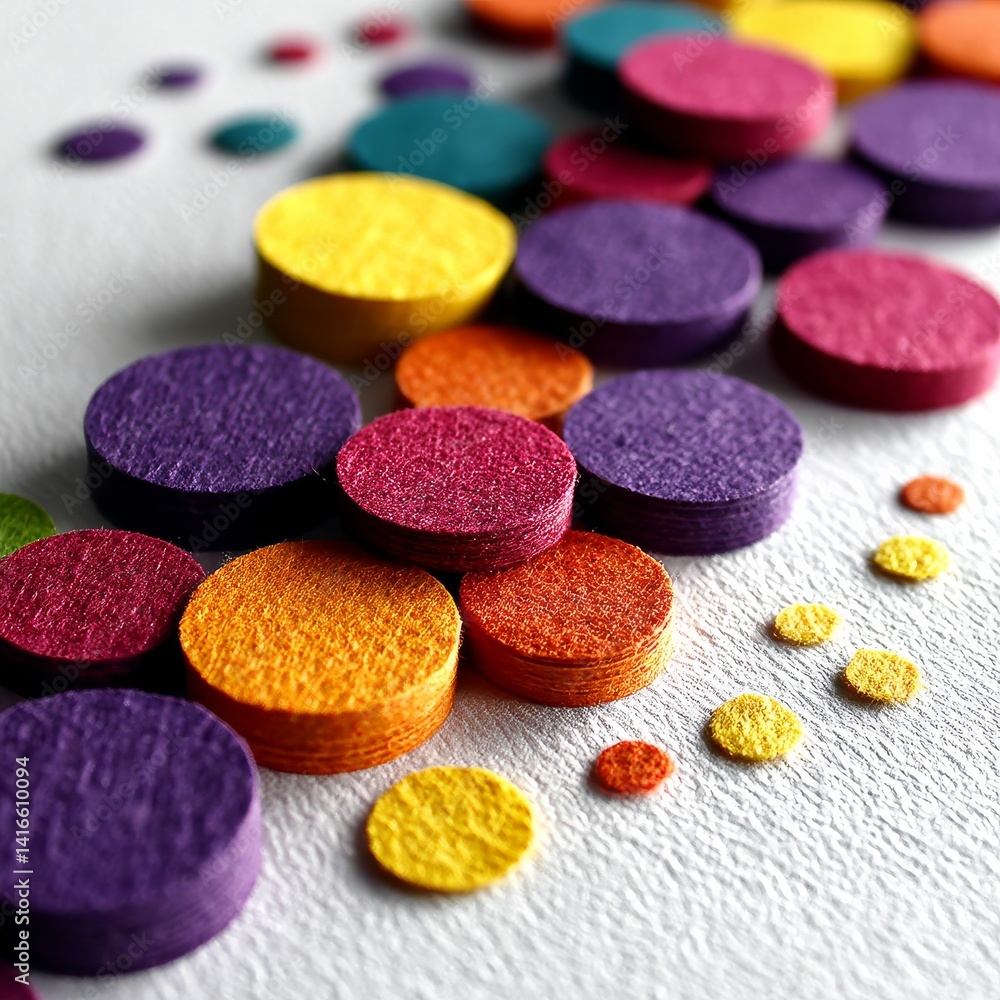 Poster colorful felt circles: a vibrant display of assorted shapes and colors arranged on a textured surfac