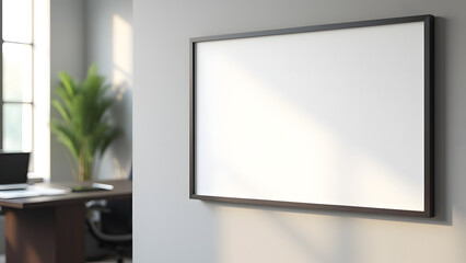 Fototapeta premium Blank white canvas poster mockup in modern office setting with natural lighting and blurred professional desk in background.