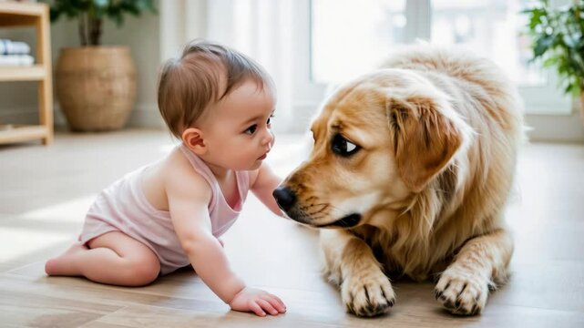 A baby and a dog share a tender moment in a bright, cozy living room setting, Generative AI.