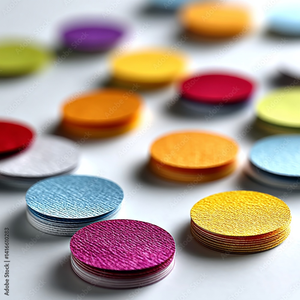 Poster Colorful Stacks: A Close-Up View of Textured Circular Discs Arranged on a White Surface, Creating an Abstract and Playful Composition