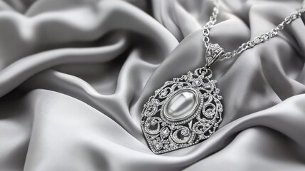Graceful composition of luxurious silver pendant lying atop satin with soft ambient light