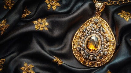 High-end jewelry scene featuring artistic pendant design on deep black satin with studio lighting