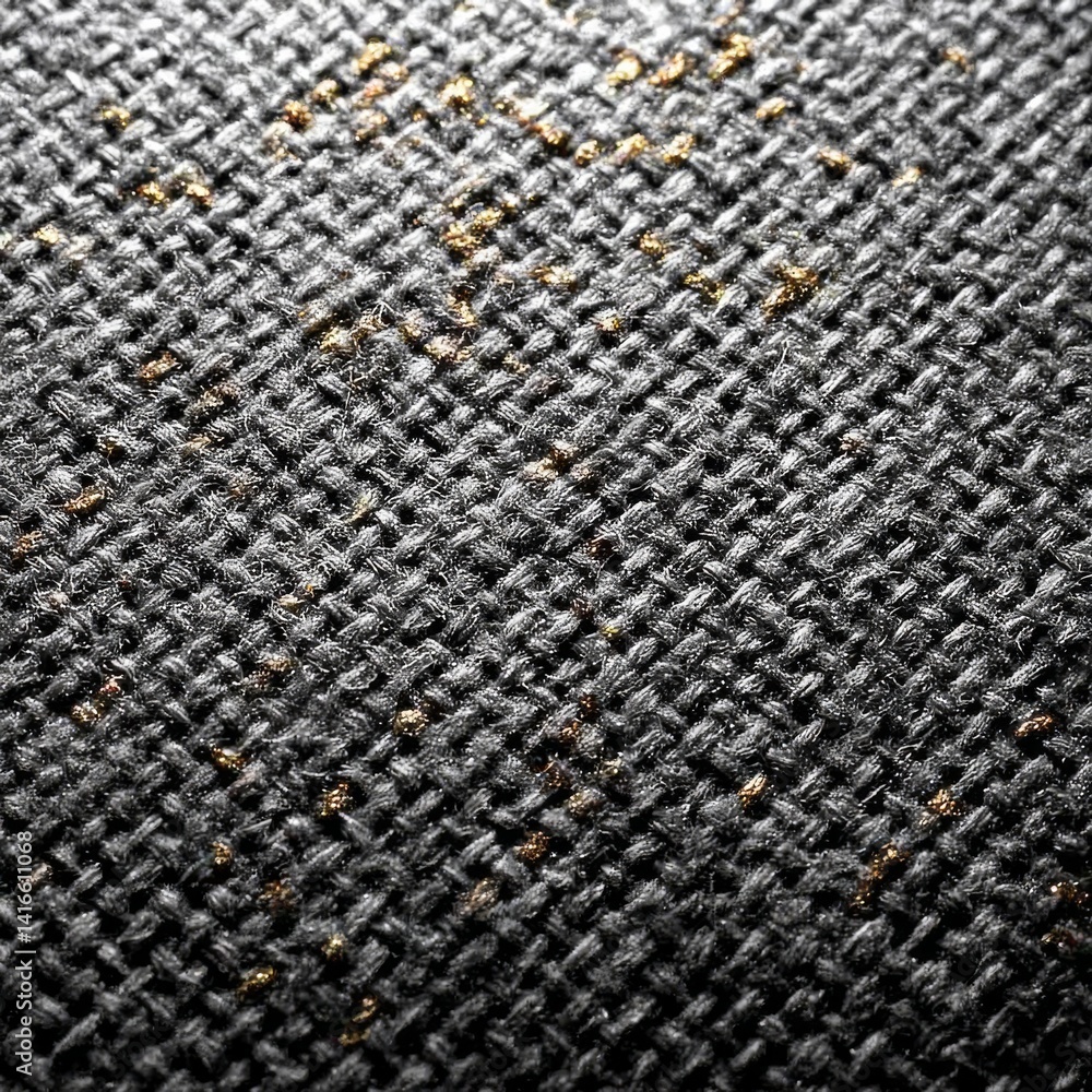 Poster Detailed Shot: Gray Woven Fabric Texture with Subtle Gold Accents, Macro View Showing Intricate Weave Pattern