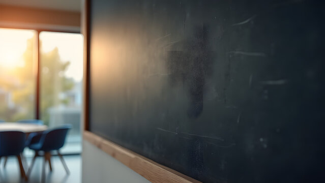 Black chalkboard poster mockup in modern office with glass walls and meeting area visible in soft-focus background.