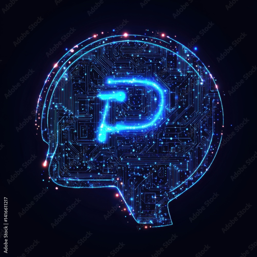 Poster digital brain: a glowing blue tech circuit head with a p symbol, neural network, and artificial inte